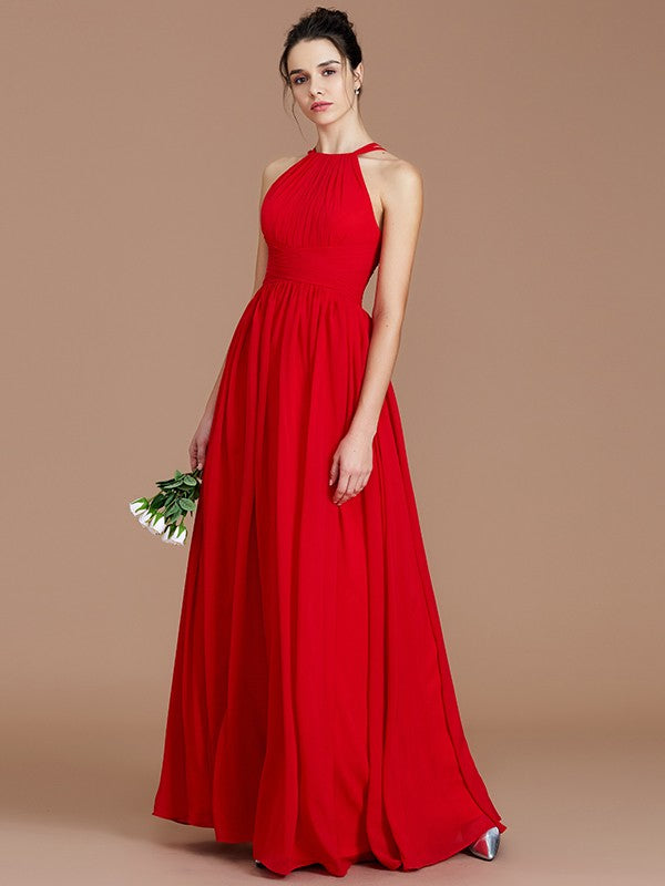 Wholesa A-Line/Princess Halter Sleeveless Ruched Floor-Length Chiffon Bridesmaid Dresses