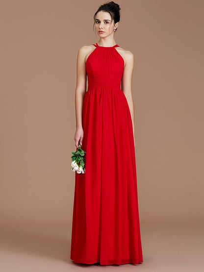 Wholesa A-Line/Princess Halter Sleeveless Ruched Floor-Length Chiffon Bridesmaid Dresses