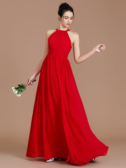 Wholesa A-Line/Princess Halter Sleeveless Ruched Floor-Length Chiffon Bridesmaid Dresses