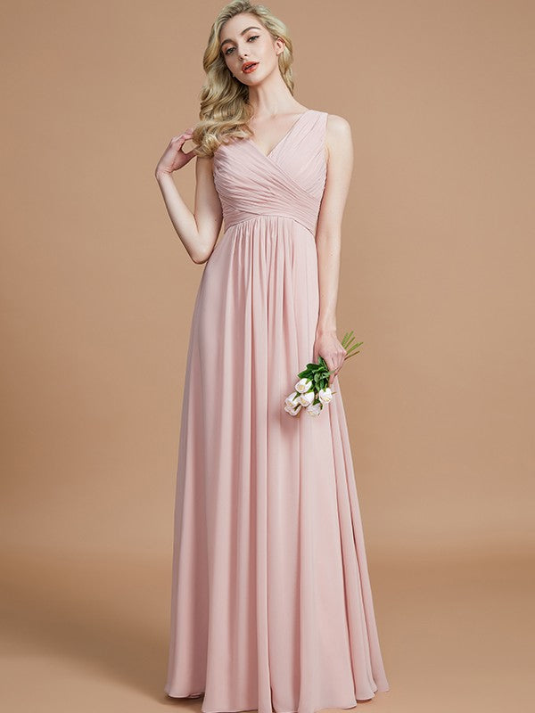 Wholesa A-Line/Princess V-neck Sleeveless Ruched Floor-Length Chiffon Bridesmaid Dresses