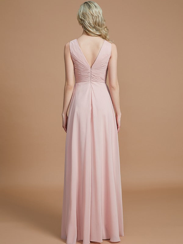 Wholesa A-Line/Princess V-neck Sleeveless Ruched Floor-Length Chiffon Bridesmaid Dresses