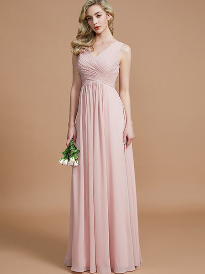 Wholesa A-Line/Princess V-neck Sleeveless Ruched Floor-Length Chiffon Bridesmaid Dresses