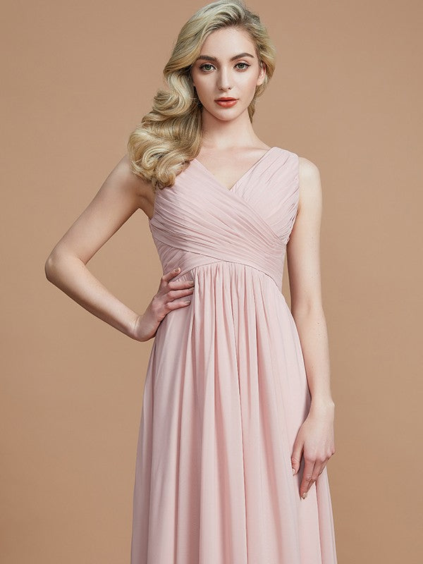 Wholesa A-Line/Princess V-neck Sleeveless Ruched Floor-Length Chiffon Bridesmaid Dresses