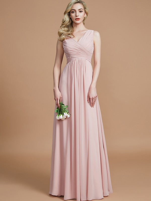 Wholesa A-Line/Princess V-neck Sleeveless Ruched Floor-Length Chiffon Bridesmaid Dresses