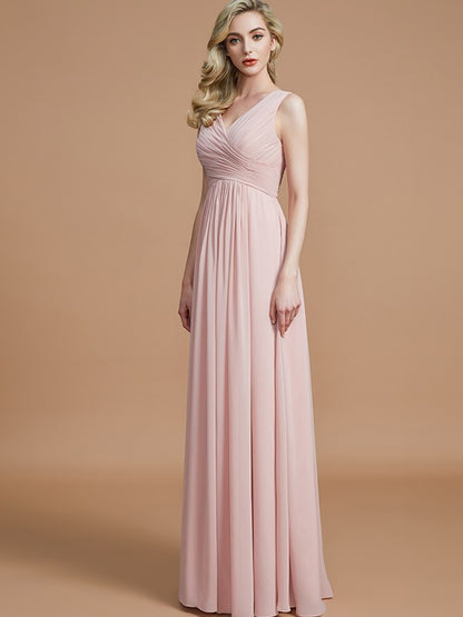 Wholesa A-Line/Princess V-neck Sleeveless Ruched Floor-Length Chiffon Bridesmaid Dresses