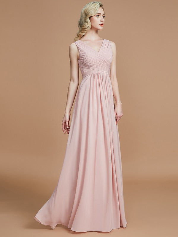 Wholesa A-Line/Princess V-neck Sleeveless Ruched Floor-Length Chiffon Bridesmaid Dresses