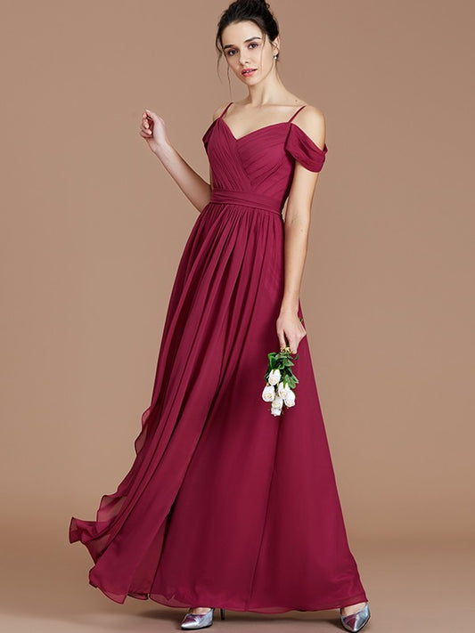 Wholesa A-Line/Princess Off-the-Shoulder Sleeveless Ruched Floor-Length Chiffon Bridesmaid Dresses