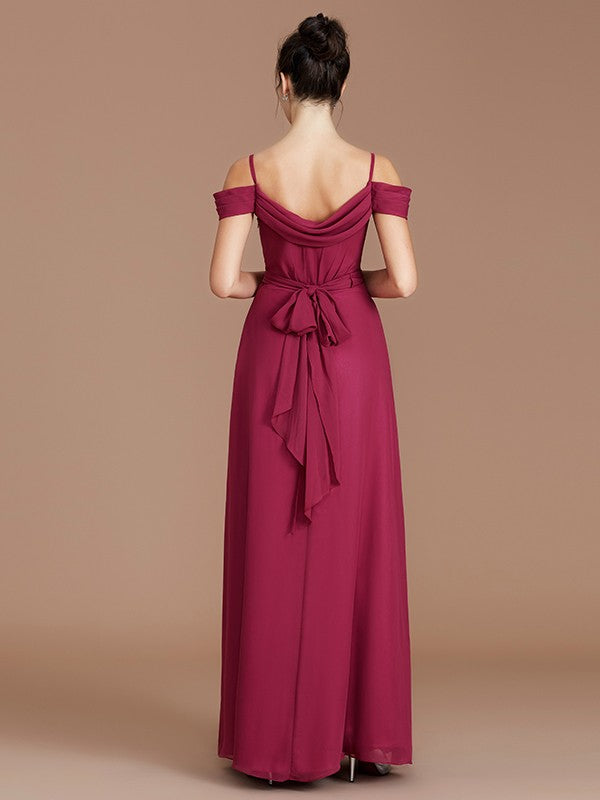 Wholesa A-Line/Princess Off-the-Shoulder Sleeveless Ruched Floor-Length Chiffon Bridesmaid Dresses