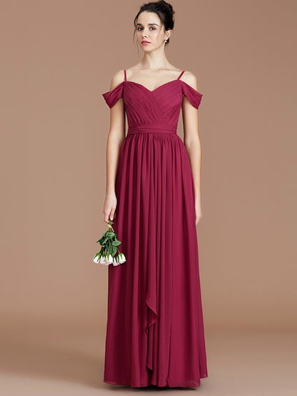 Wholesa A-Line/Princess Off-the-Shoulder Sleeveless Ruched Floor-Length Chiffon Bridesmaid Dresses