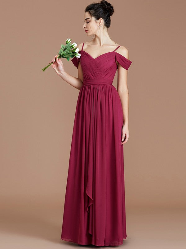 Wholesa A-Line/Princess Off-the-Shoulder Sleeveless Ruched Floor-Length Chiffon Bridesmaid Dresses