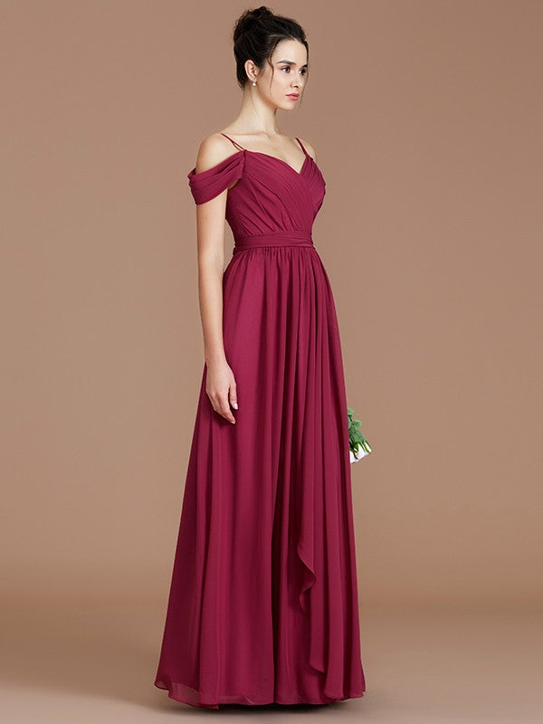 Wholesa A-Line/Princess Off-the-Shoulder Sleeveless Ruched Floor-Length Chiffon Bridesmaid Dresses