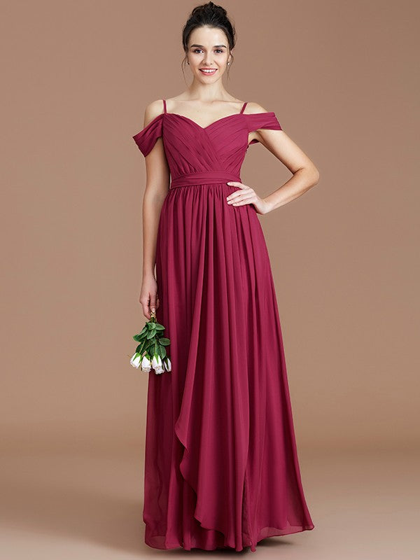 Wholesa A-Line/Princess Off-the-Shoulder Sleeveless Ruched Floor-Length Chiffon Bridesmaid Dresses