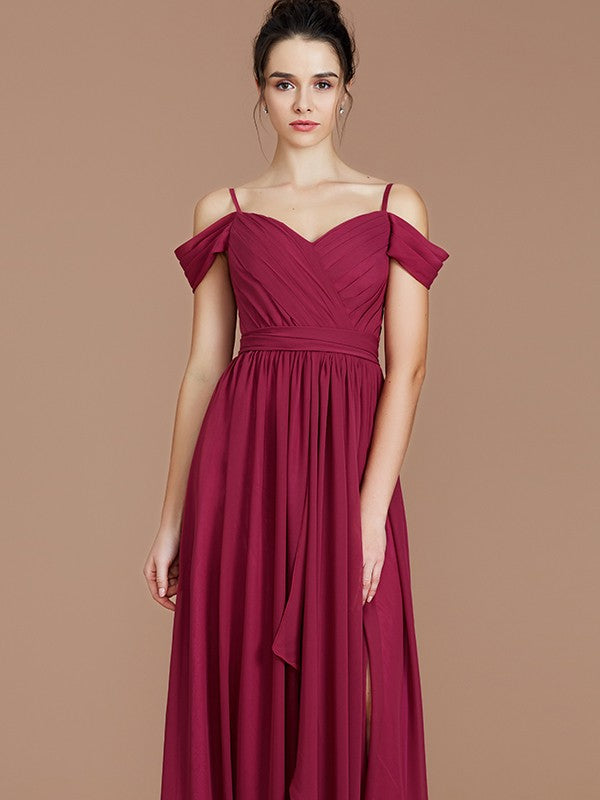 Wholesa A-Line/Princess Off-the-Shoulder Sleeveless Ruched Floor-Length Chiffon Bridesmaid Dresses