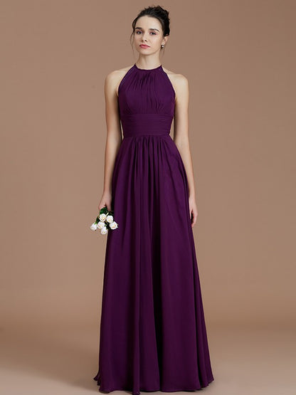 Wholesa A-Line/Princess Halter Sleeveless Ruched Floor-Length Chiffon Bridesmaid Dresses