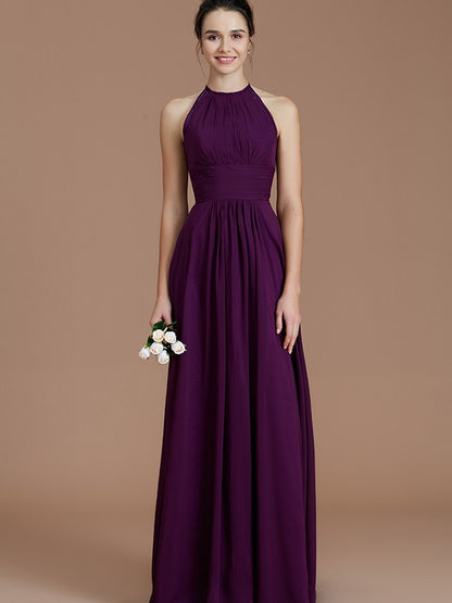 Wholesa A-Line/Princess Halter Sleeveless Ruched Floor-Length Chiffon Bridesmaid Dresses