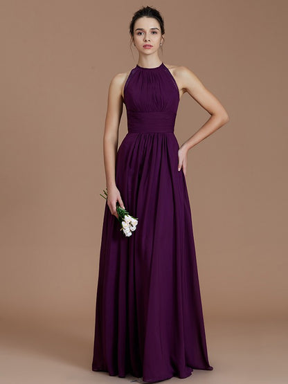 Wholesa A-Line/Princess Halter Sleeveless Ruched Floor-Length Chiffon Bridesmaid Dresses