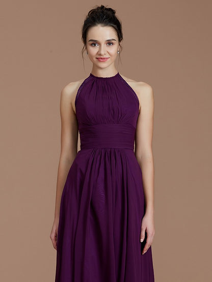 Wholesa A-Line/Princess Halter Sleeveless Ruched Floor-Length Chiffon Bridesmaid Dresses