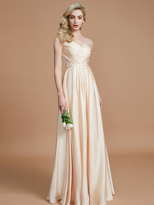 Wholesa A-Line/Princess V-neck Sleeveless Ruched Floor-Length Silk like Satin Bridesmaid Dresses