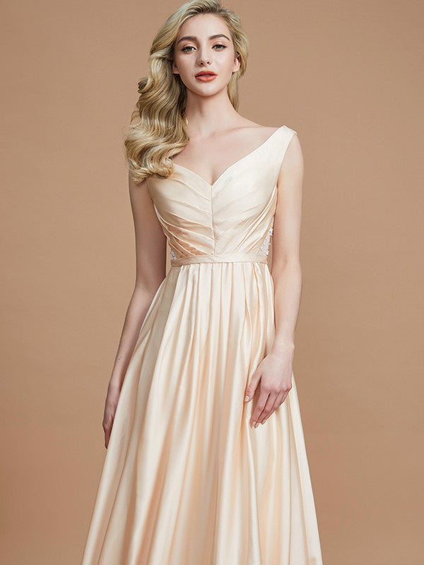 Wholesa A-Line/Princess V-neck Sleeveless Ruched Floor-Length Silk like Satin Bridesmaid Dresses