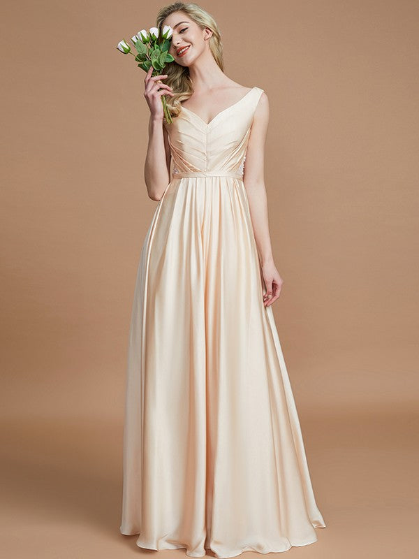 Wholesa A-Line/Princess V-neck Sleeveless Ruched Floor-Length Silk like Satin Bridesmaid Dresses