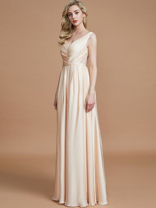 Wholesa A-Line/Princess V-neck Sleeveless Ruched Floor-Length Silk like Satin Bridesmaid Dresses