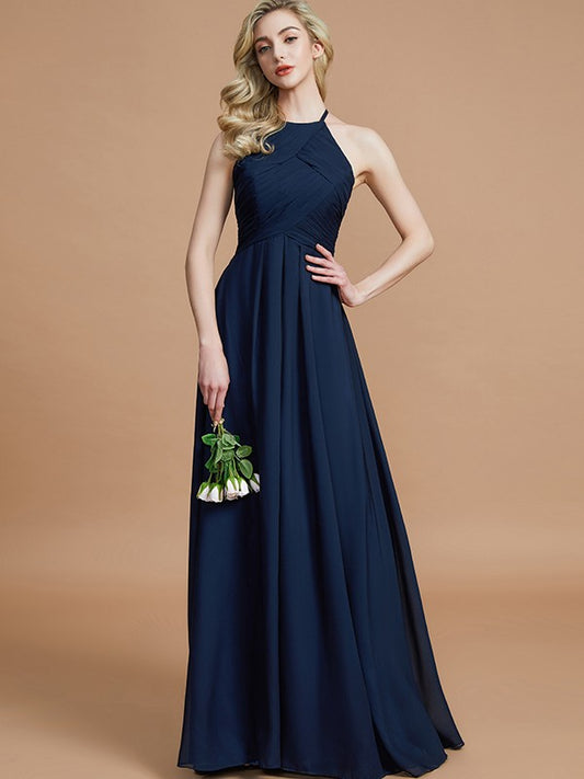 Wholesa A-Line/Princess Halter Sleeveless Ruched Floor-Length Chiffon Bridesmaid Dresses