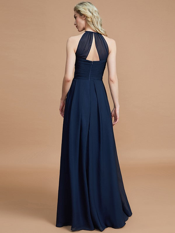 Wholesa A-Line/Princess Halter Sleeveless Ruched Floor-Length Chiffon Bridesmaid Dresses