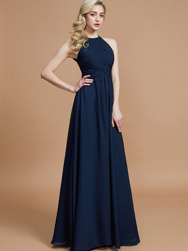 Wholesa A-Line/Princess Halter Sleeveless Ruched Floor-Length Chiffon Bridesmaid Dresses