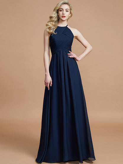 Wholesa A-Line/Princess Halter Sleeveless Ruched Floor-Length Chiffon Bridesmaid Dresses