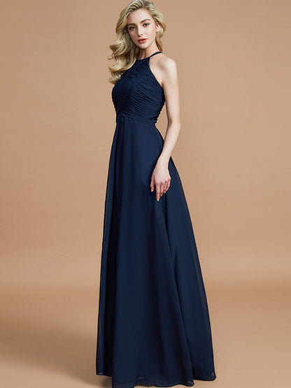 Wholesa A-Line/Princess Halter Sleeveless Ruched Floor-Length Chiffon Bridesmaid Dresses