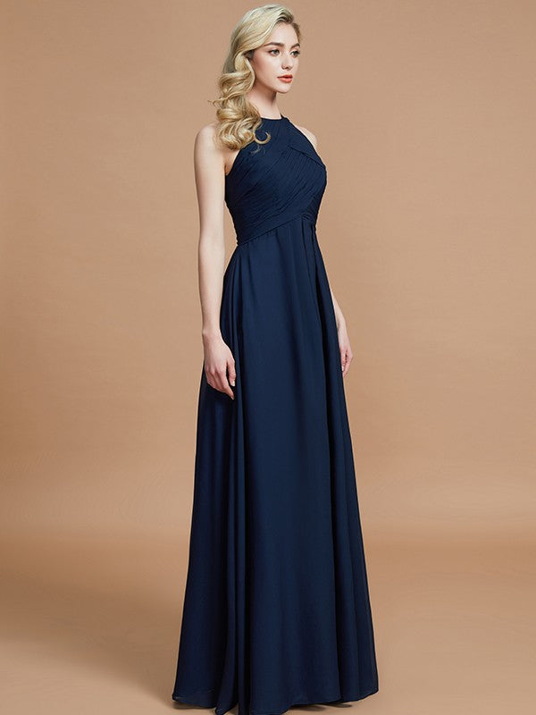 Wholesa A-Line/Princess Halter Sleeveless Ruched Floor-Length Chiffon Bridesmaid Dresses