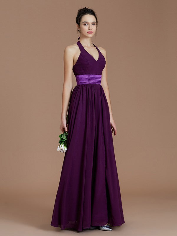 Wholesa A-Line/Princess Halter Sleeveless Sash/Ribbon/Belt Floor-Length Chiffon Bridesmaid Dresses