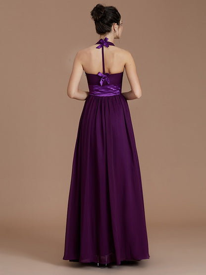 Wholesa A-Line/Princess Halter Sleeveless Sash/Ribbon/Belt Floor-Length Chiffon Bridesmaid Dresses