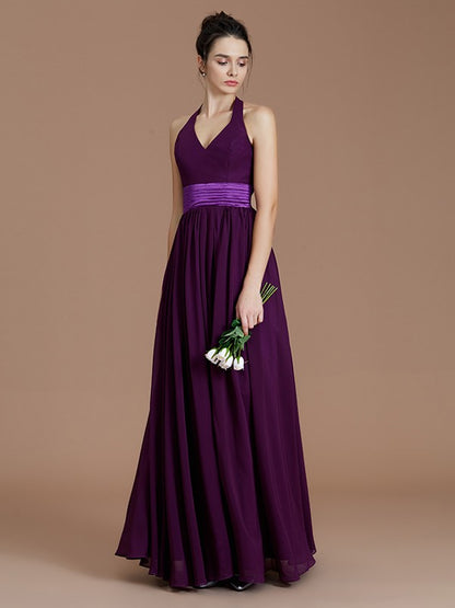 Wholesa A-Line/Princess Halter Sleeveless Sash/Ribbon/Belt Floor-Length Chiffon Bridesmaid Dresses