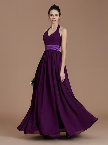 Wholesa A-Line/Princess Halter Sleeveless Sash/Ribbon/Belt Floor-Length Chiffon Bridesmaid Dresses