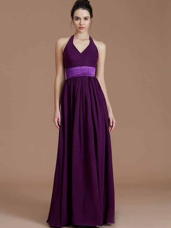 Wholesa A-Line/Princess Halter Sleeveless Sash/Ribbon/Belt Floor-Length Chiffon Bridesmaid Dresses