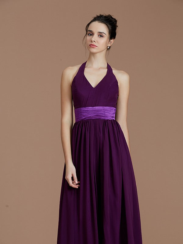 Wholesa A-Line/Princess Halter Sleeveless Sash/Ribbon/Belt Floor-Length Chiffon Bridesmaid Dresses