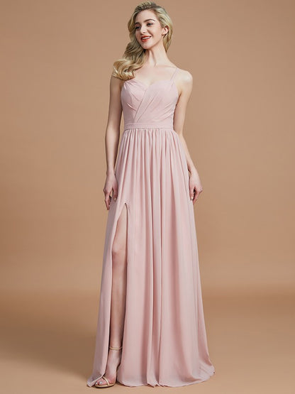 Wholesa A-Line/Princess Spaghetti Straps Sleeveless Ruched Floor-Length Chiffon Bridesmaid Dresses