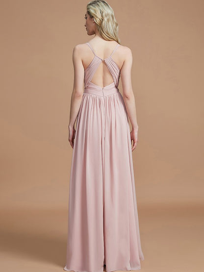 Wholesa A-Line/Princess Spaghetti Straps Sleeveless Ruched Floor-Length Chiffon Bridesmaid Dresses