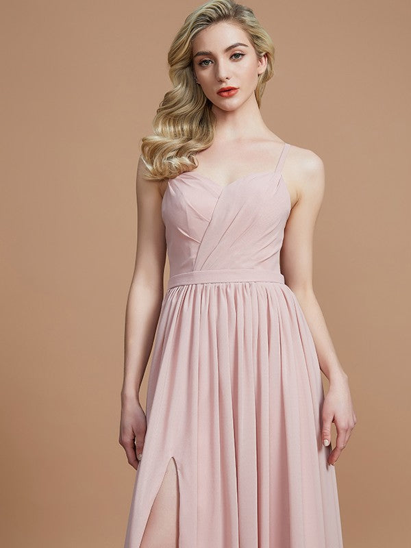 Wholesa A-Line/Princess Spaghetti Straps Sleeveless Ruched Floor-Length Chiffon Bridesmaid Dresses