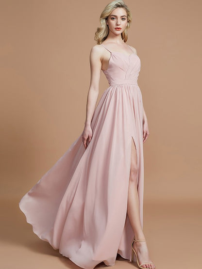 Wholesa A-Line/Princess Spaghetti Straps Sleeveless Ruched Floor-Length Chiffon Bridesmaid Dresses