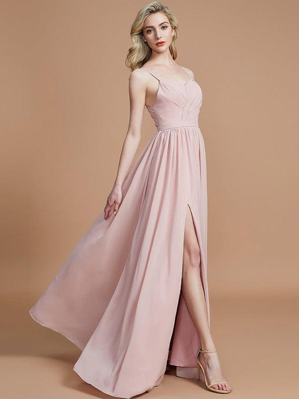 Wholesa A-Line/Princess Spaghetti Straps Sleeveless Ruched Floor-Length Chiffon Bridesmaid Dresses