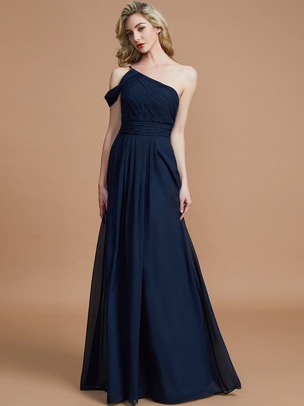 Wholesa A-Line/Princess One-Shoulder Floor-Length Chiffon Sleeveless Bridesmaid Dresses