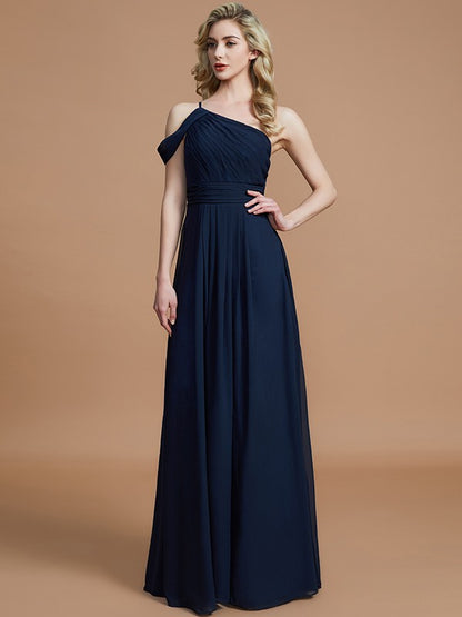 Wholesa A-Line/Princess One-Shoulder Floor-Length Chiffon Sleeveless Bridesmaid Dresses