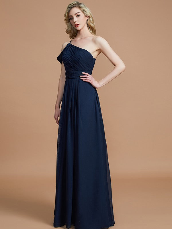 Wholesa A-Line/Princess One-Shoulder Floor-Length Chiffon Sleeveless Bridesmaid Dresses