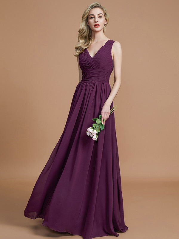 Wholesa A-Line/Princess Sleeveless V-neck Floor-Length Chiffon Bridesmaid Dresses