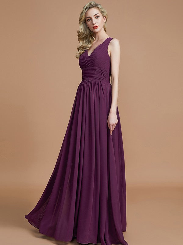 Wholesa A-Line/Princess Sleeveless V-neck Floor-Length Chiffon Bridesmaid Dresses