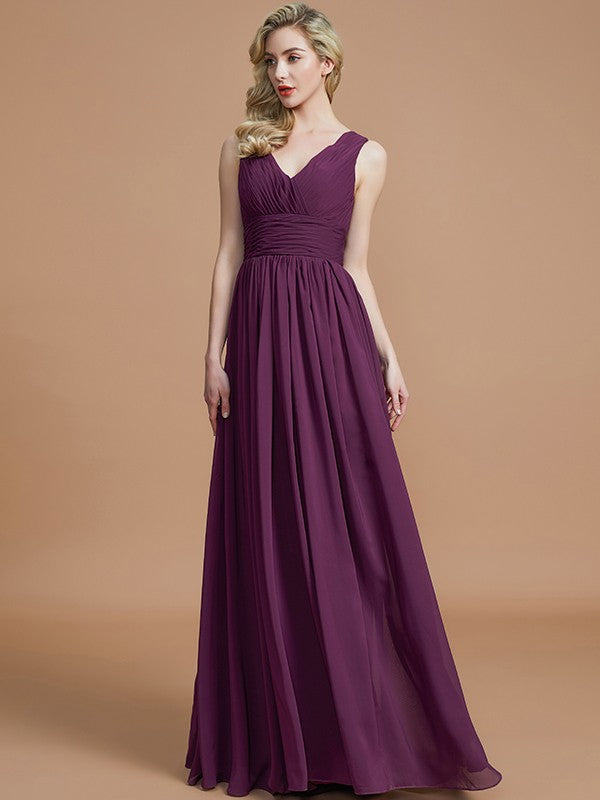 Wholesa A-Line/Princess Sleeveless V-neck Floor-Length Chiffon Bridesmaid Dresses