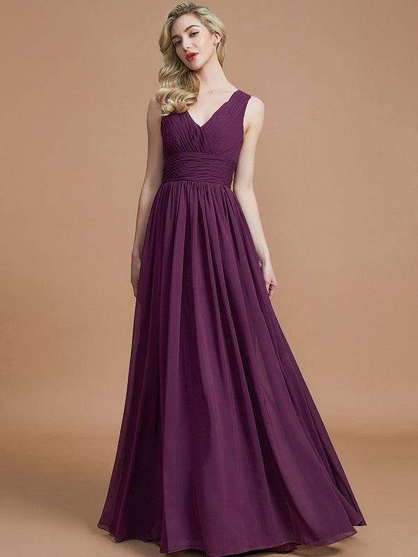 Wholesa A-Line/Princess Sleeveless V-neck Floor-Length Chiffon Bridesmaid Dresses