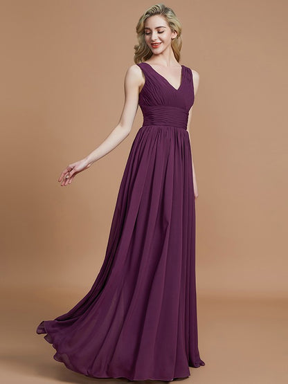 Wholesa A-Line/Princess Sleeveless V-neck Floor-Length Chiffon Bridesmaid Dresses